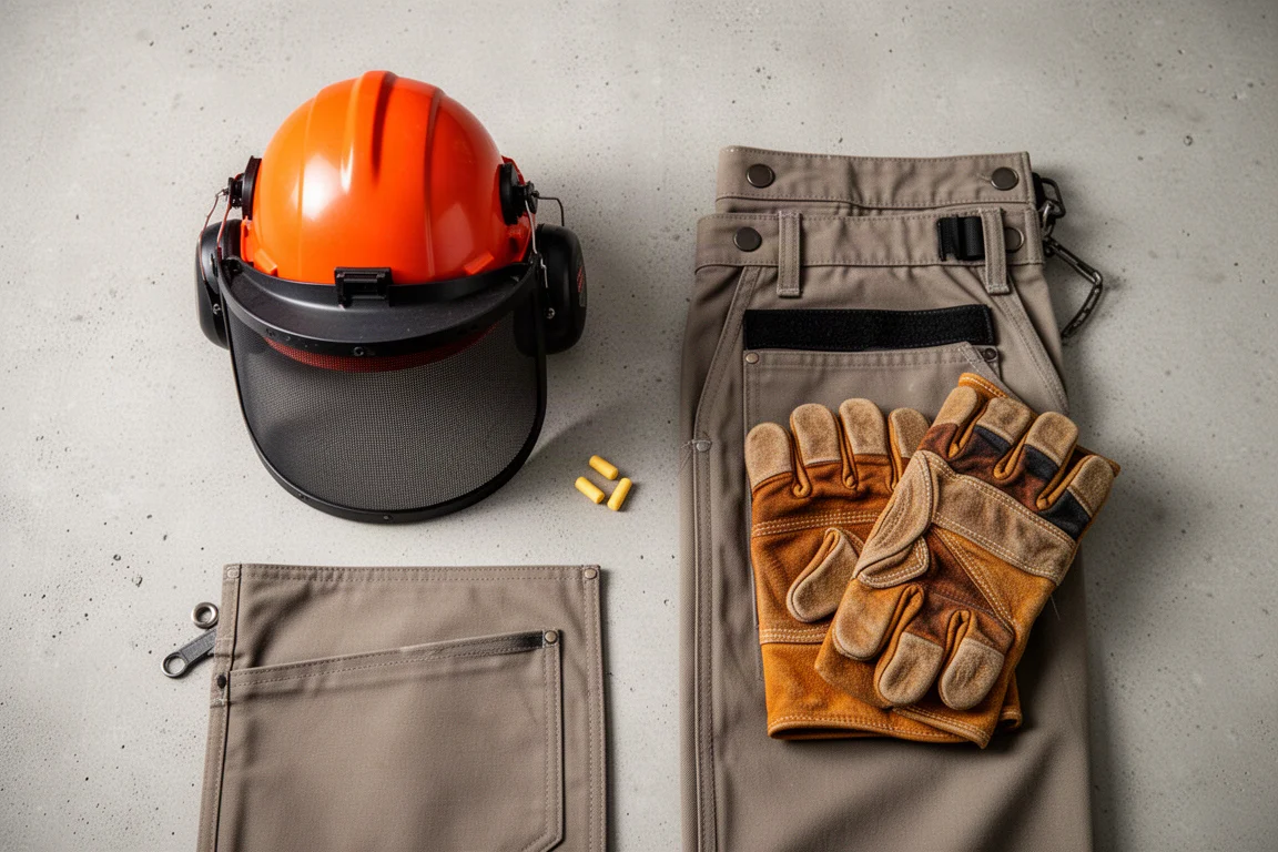 Chainsaw safety gear laid out flat including helmet, ear muffs, and chaps