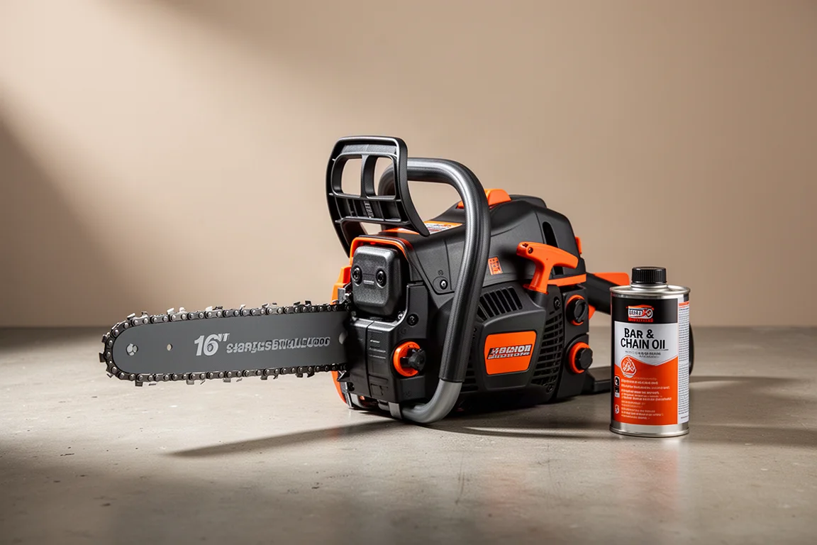 Craftsman S25 gas chainsaw with guide bar standing on a concrete workshop surface