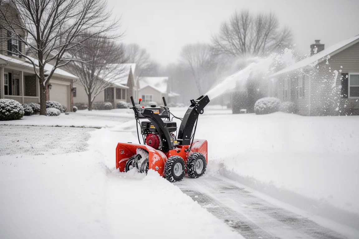 Two-stage snow blower clearing a snow-covered driveway in soft winter light