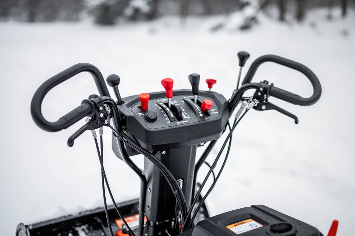 Close-up of snow blower control levers and cables on the handlebar assembly