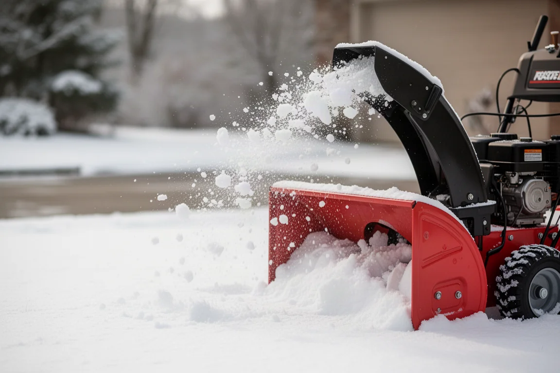 Fresh snow being discharged from a snow blower chute onto a lawn
