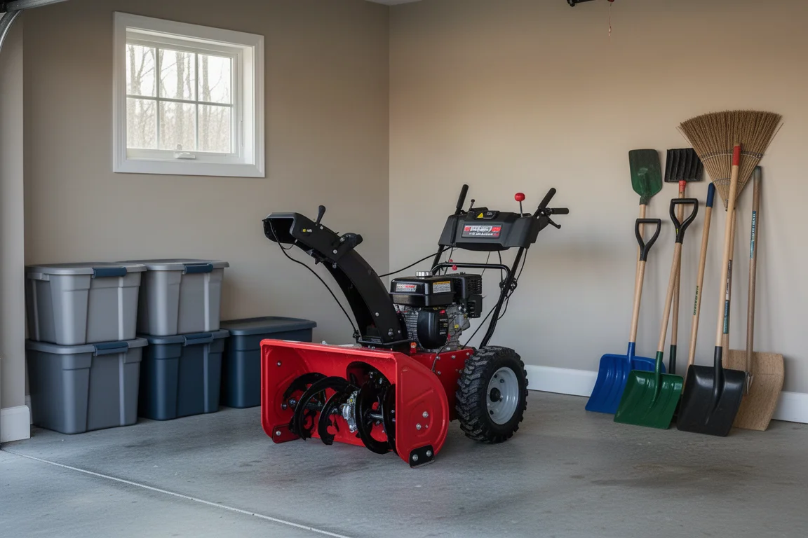 Snow blower parked in a garage beside winter storage items