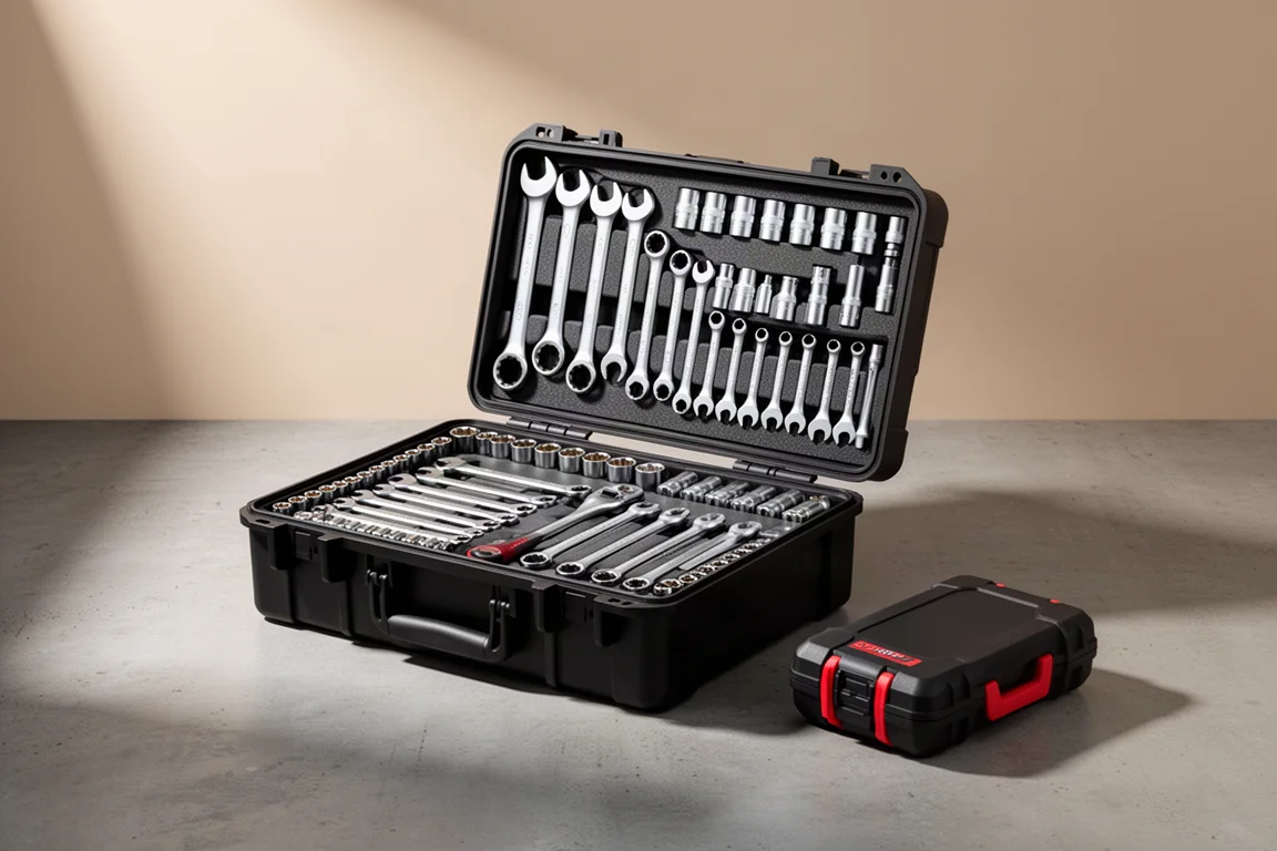 Open large mechanics tool set case with organized chrome tools beside a smaller impact set case