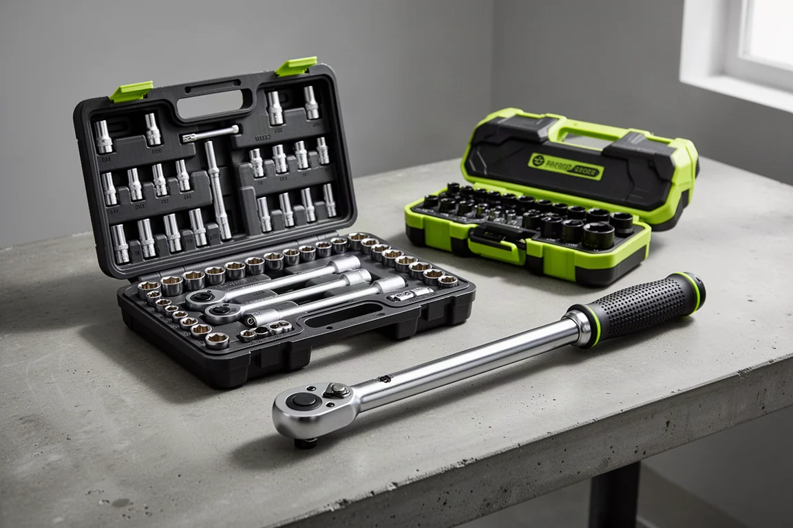 Craftsman tool sets, lime-green socket case, and torque wrench on a workbench