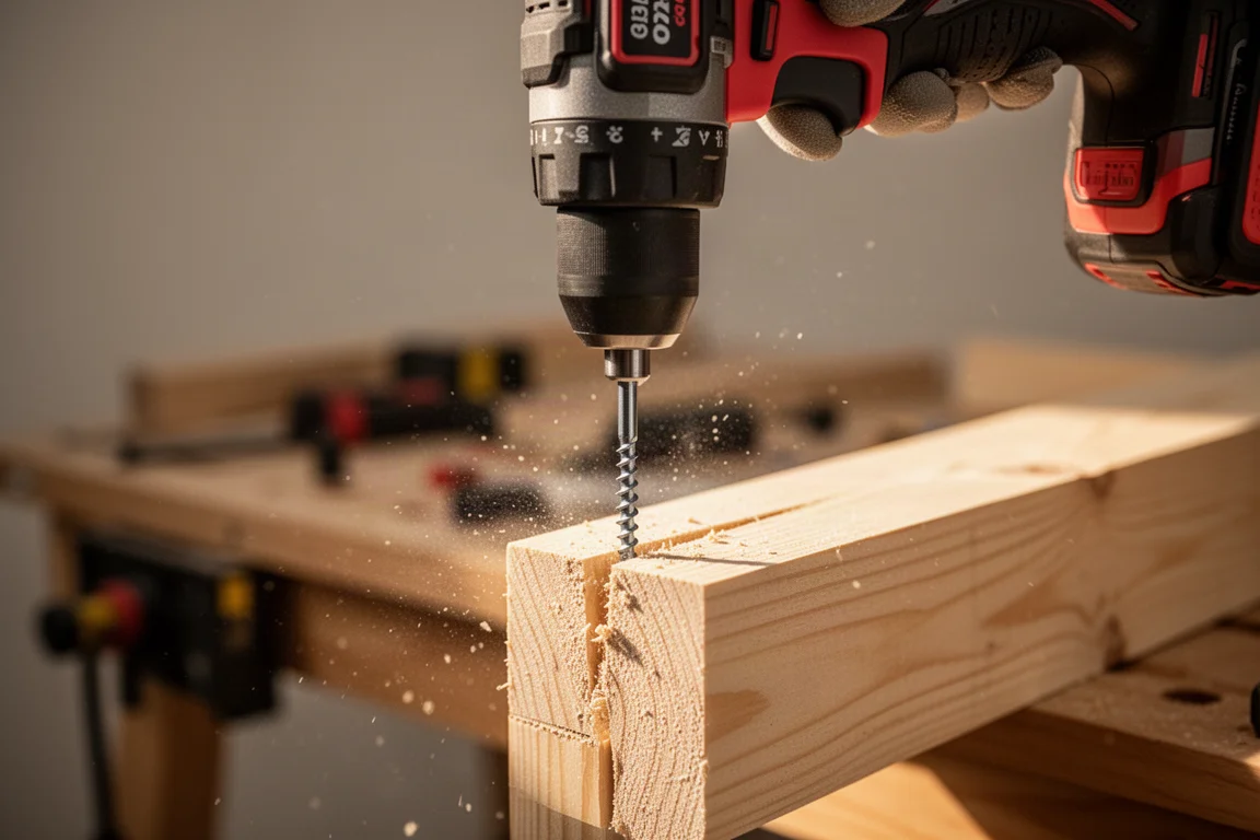 Avvitatore ad impulso che avvita una vite in un listello in legno in un contesto di officina