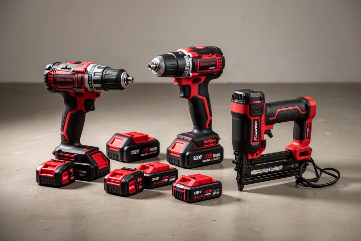 Craftsman cordless power tools, batteries and nailer arranged on a concrete workshop floor