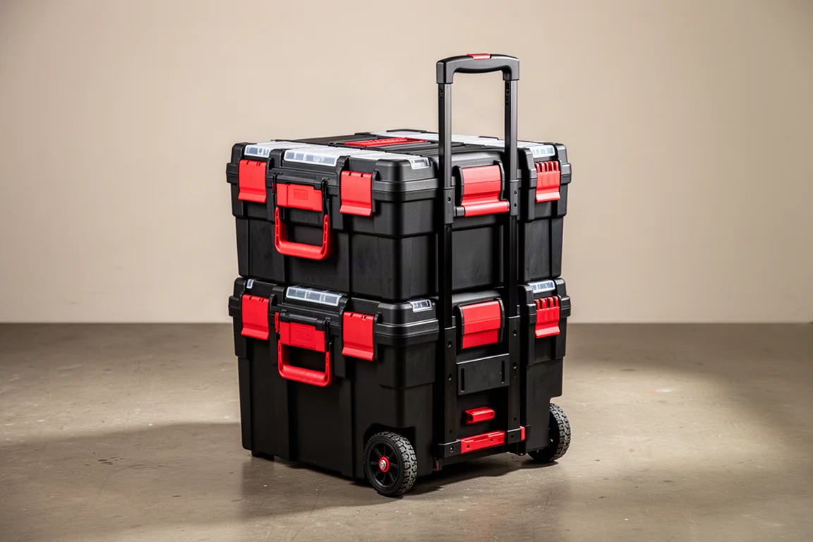 Two black Craftsman TradeStack tool boxes with red latches stacked together on concrete