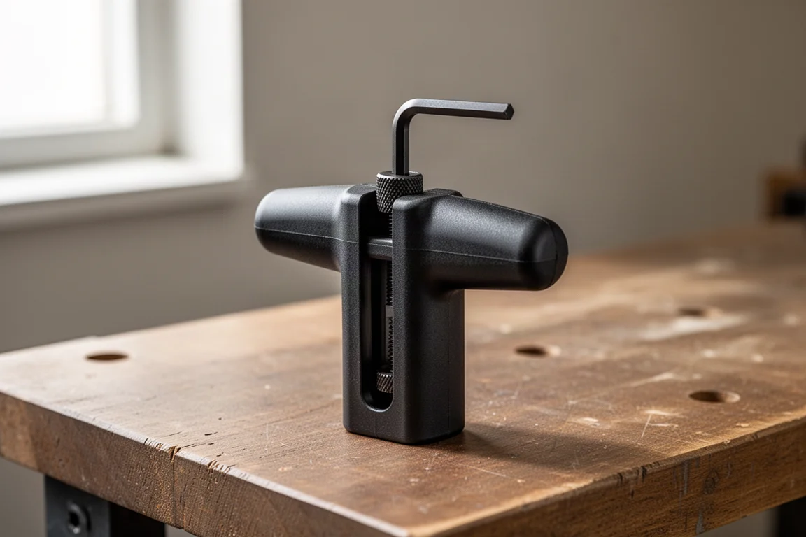 Adattatore universale LTT Craftsman che tiene una chiave esagonale su una panca di lavoro in legno