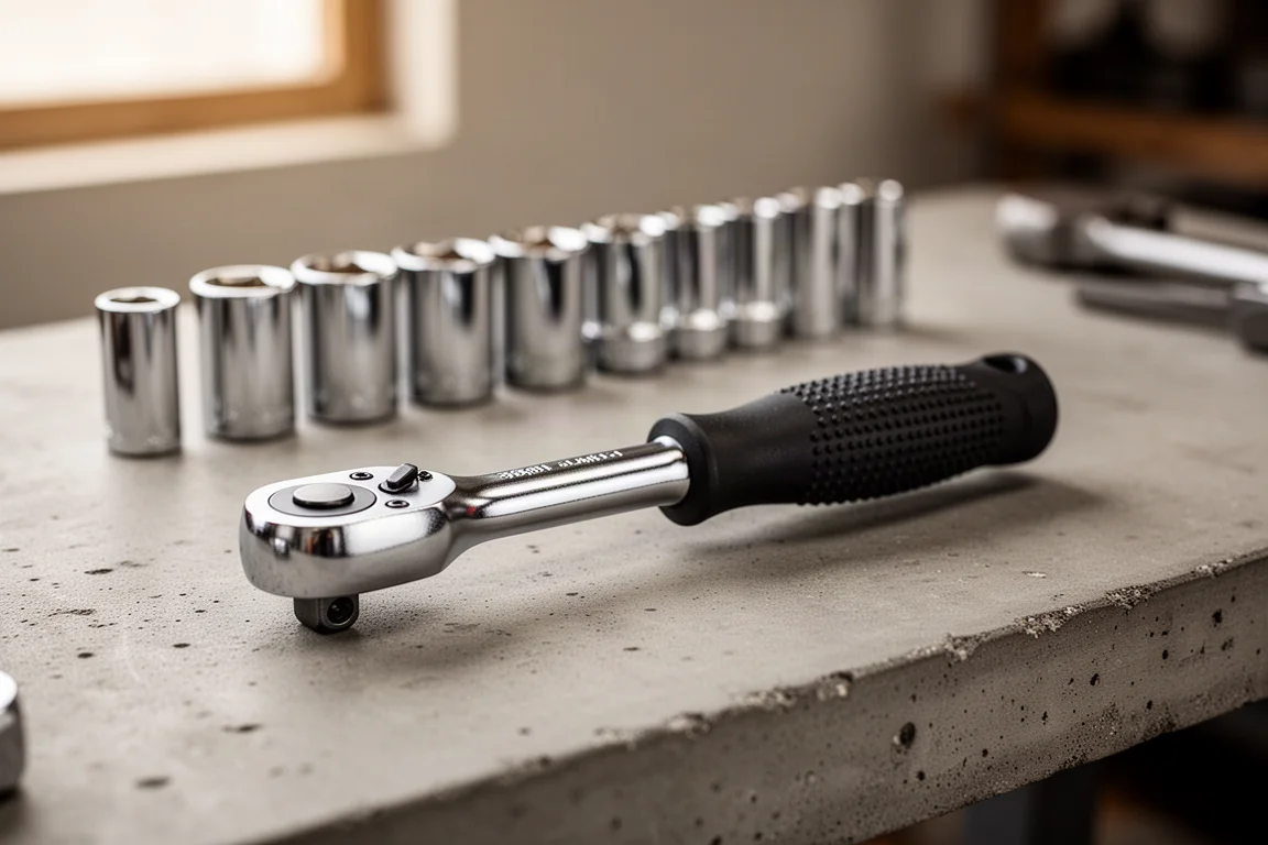 Chrome ratchet resting on a workbench beside a row of sockets