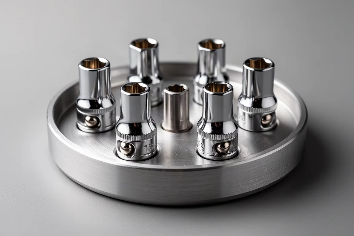 Close-up of chrome six-point sockets seated in an aluminum magnetic tray