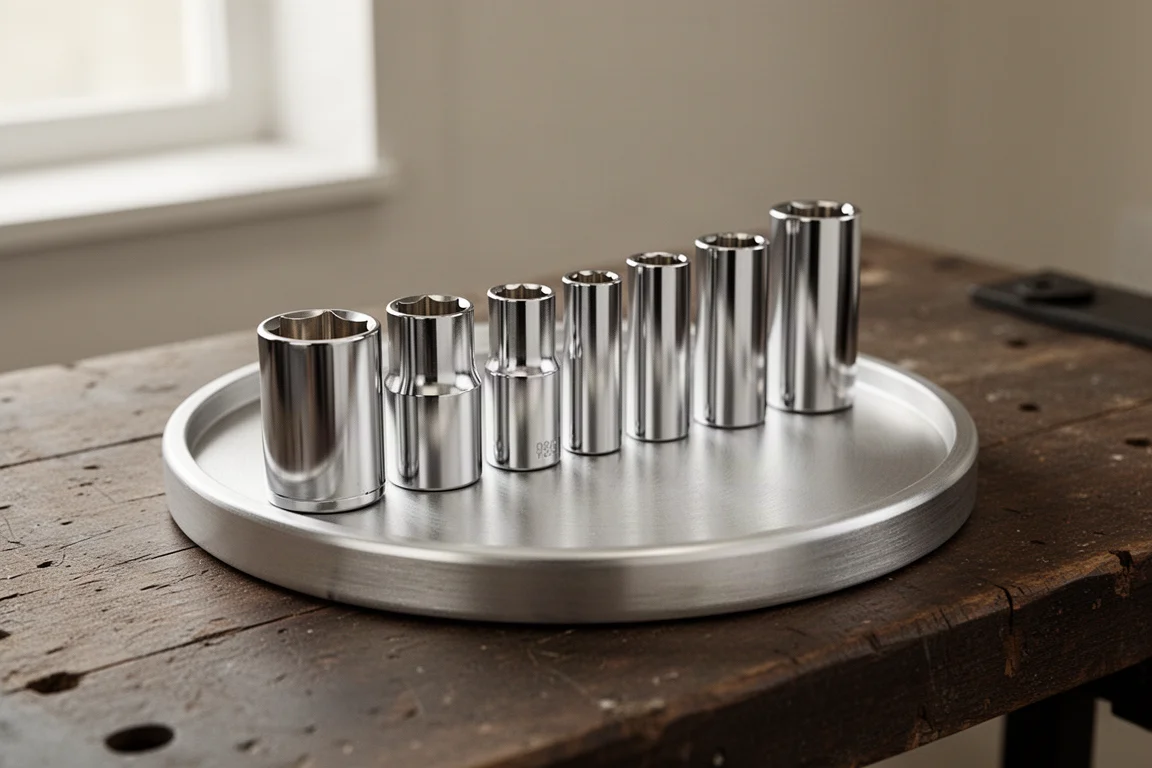 Deep well sockets lined up in a round magnetic aluminum tray