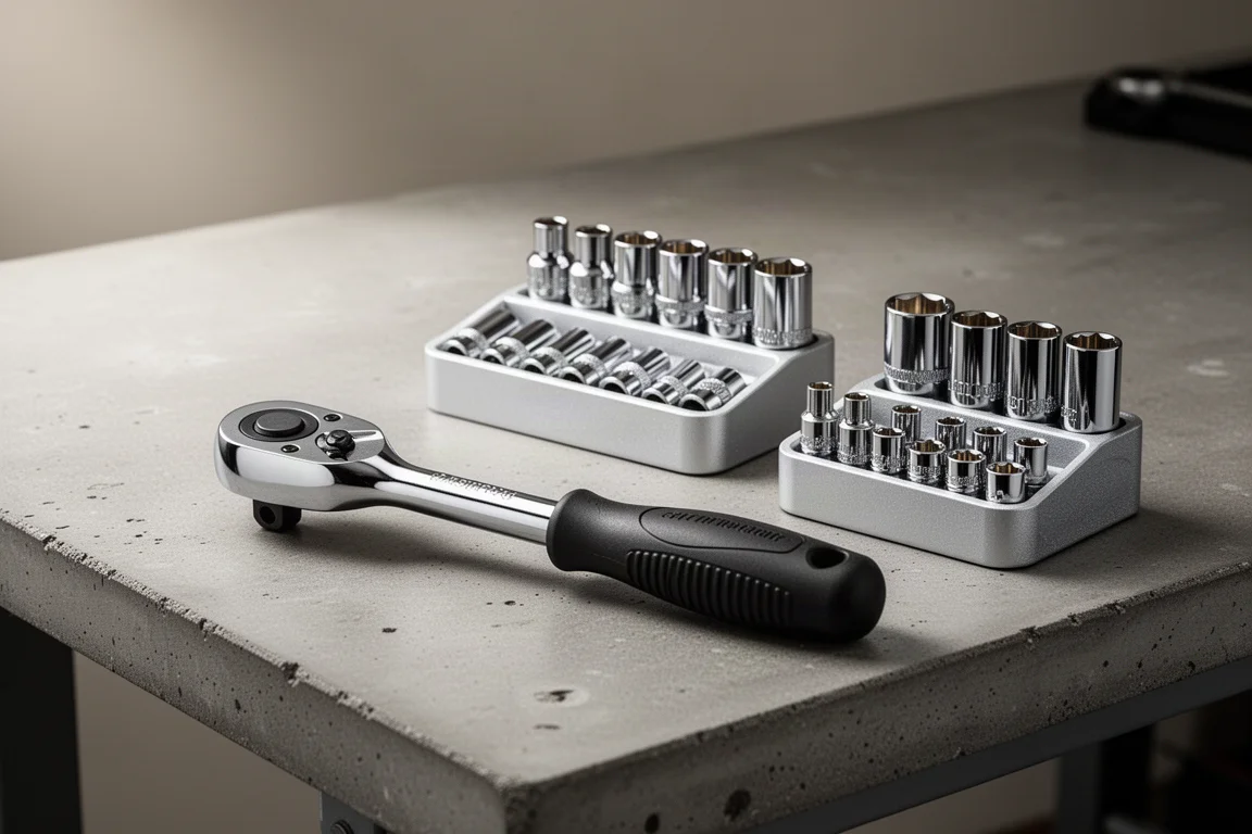 Craftsman V Series ratchet and three socket trays with chrome sockets on a concrete bench