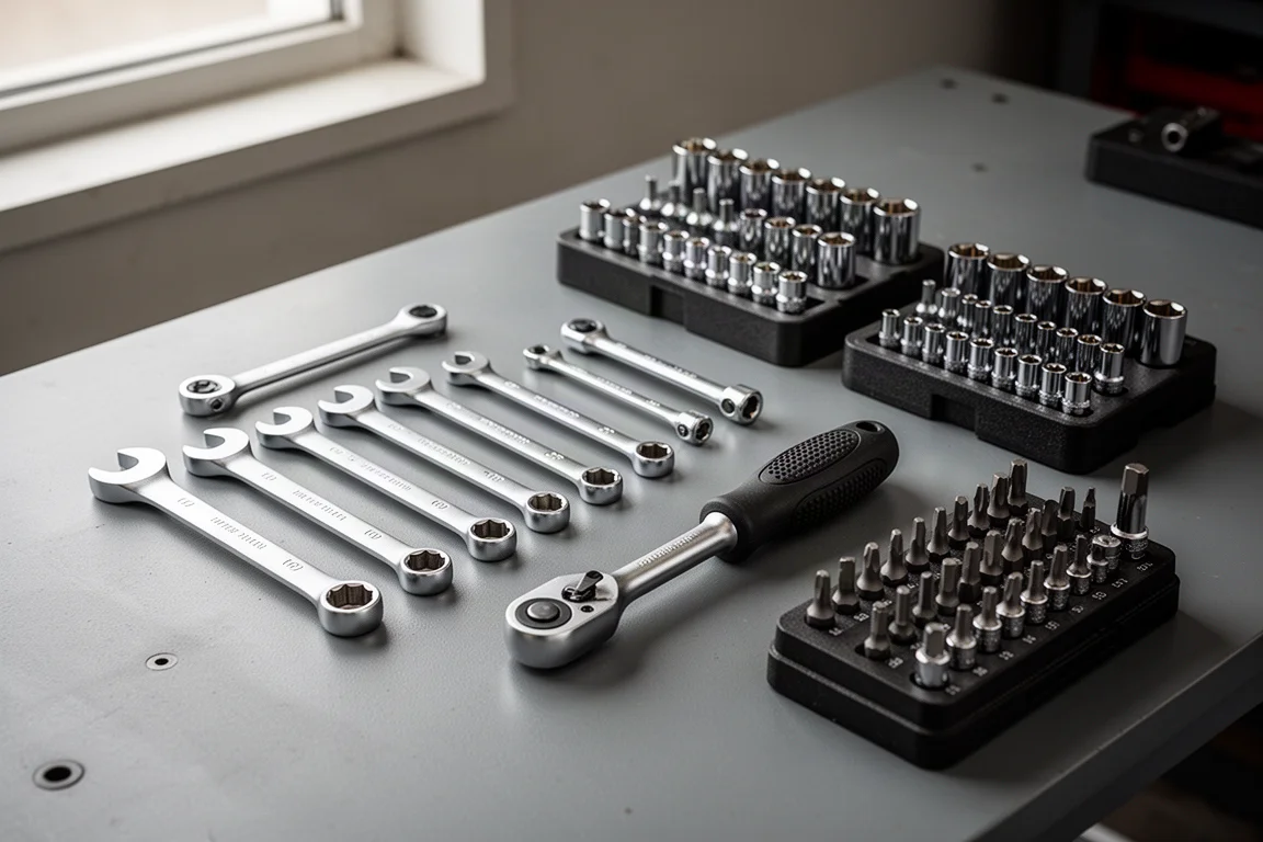 Craftsman V-Series hand tools spread across a grey workshop bench