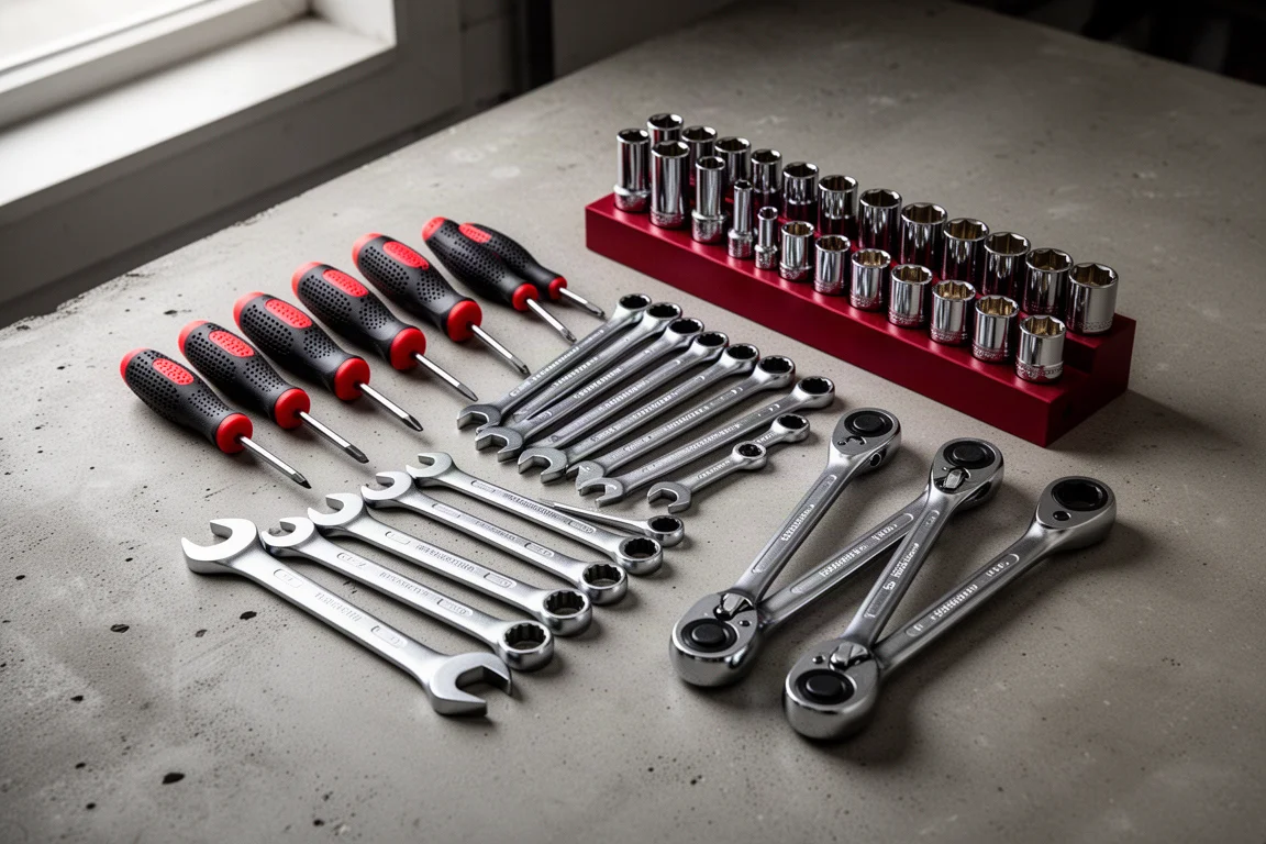 Assorted Craftsman V Series hand tools including screwdrivers, wrenches, sockets, and ratchets on a concrete surface