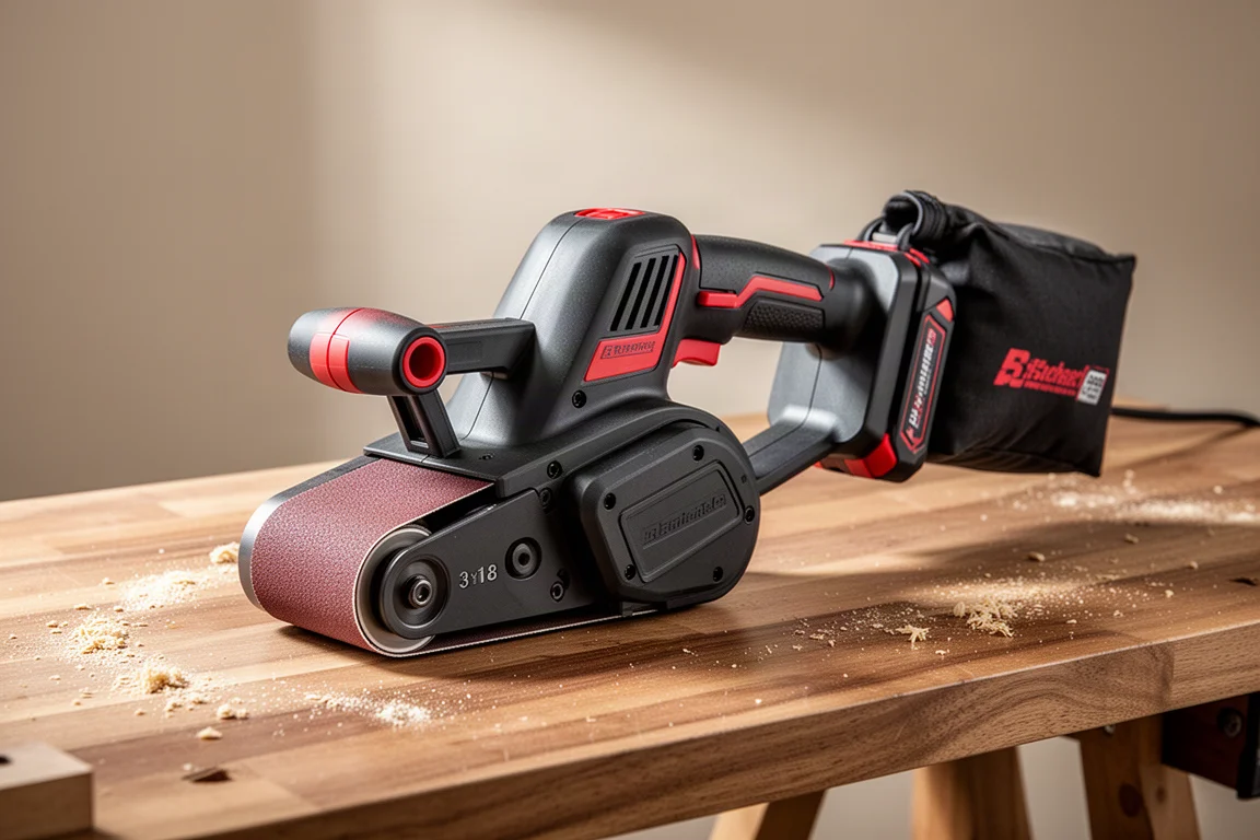 Cordless Craftsman V20 belt sander on a wooden workbench with dust bag attached