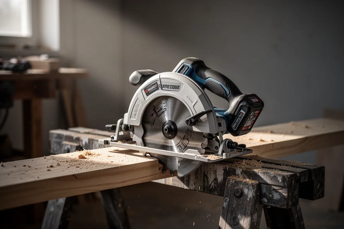 Cordless circular saw resting on sawhorses in a workshop