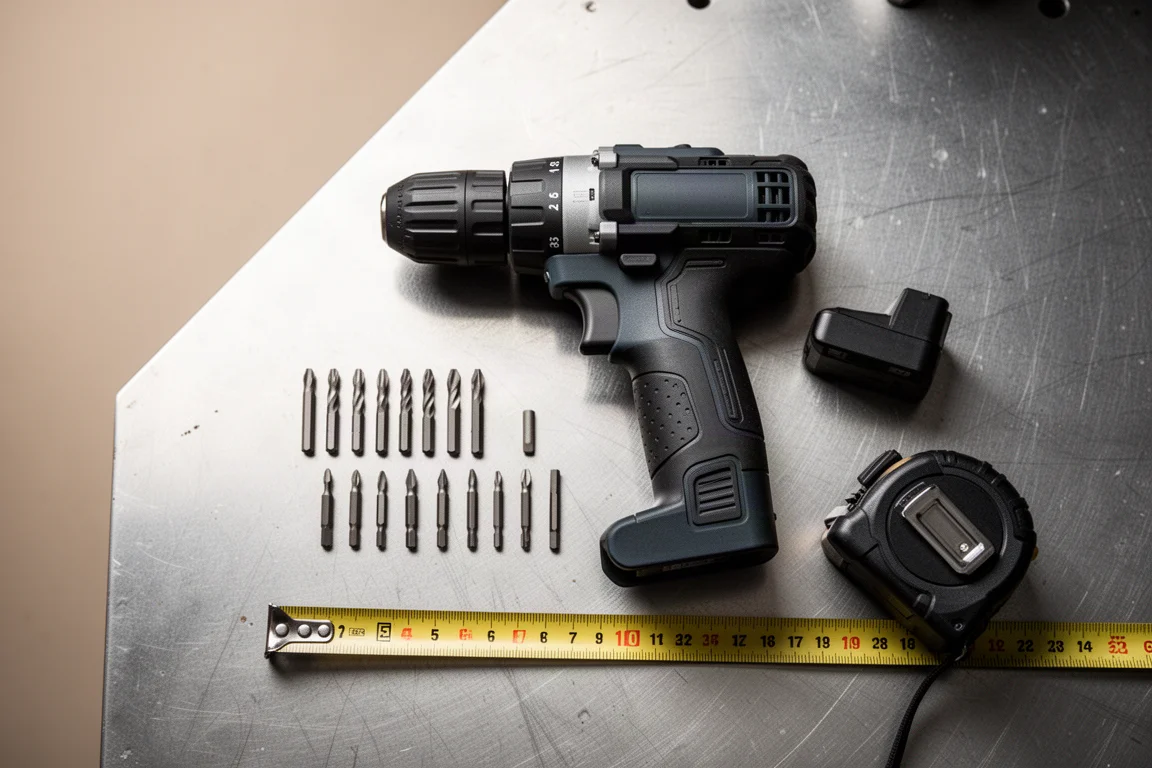 Cordless drill and driver bits laid out on a workbench