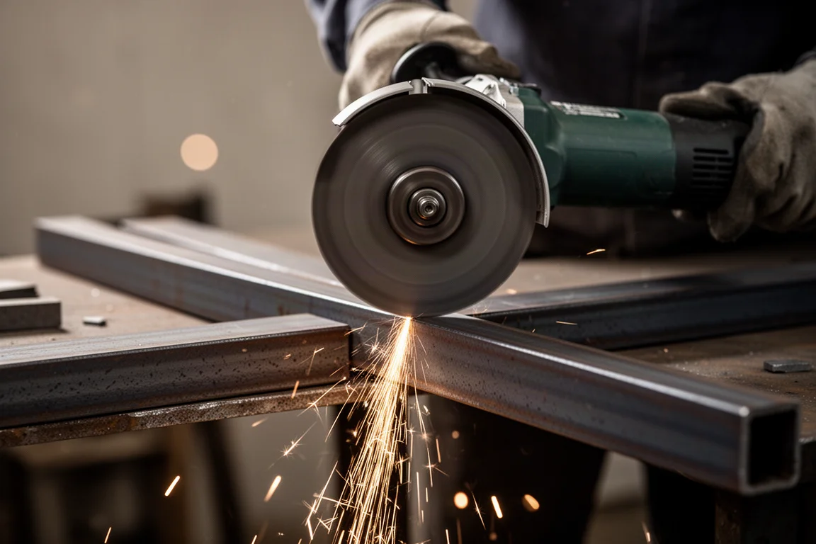 Angle grinder throwing sparks during metal cutting in a workshop