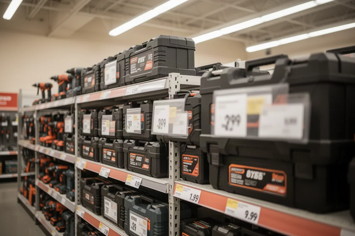 Clearance sale shelf with power tool boxes stacked in a store aisle