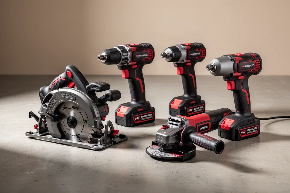 Assortment of Craftsman V20 cordless power tools arranged on a concrete floor