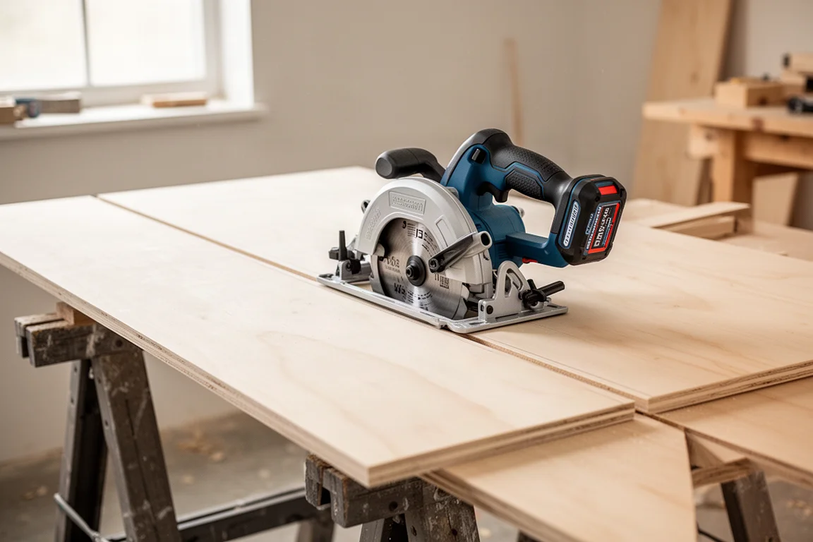 Cirkelsåg vilande på ett skivplywood i en ljus verkstad