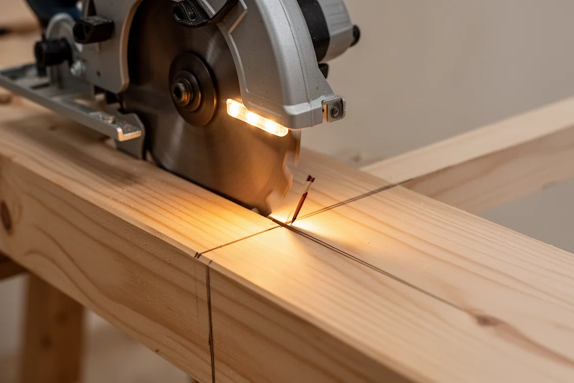 Närbild på en LED-lampa som belyser en skärlinje på virke