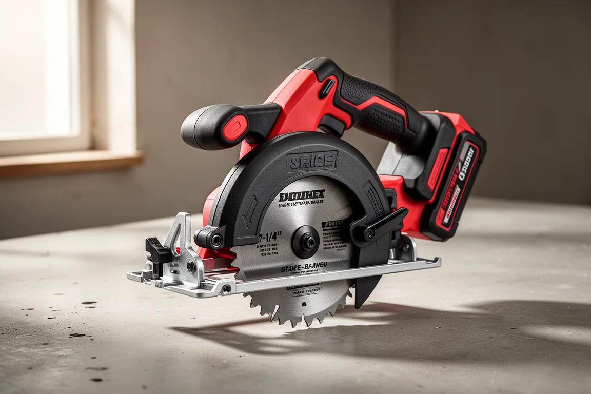 Craftsman V20 cordless circular saw at a three-quarter angle on a concrete surface