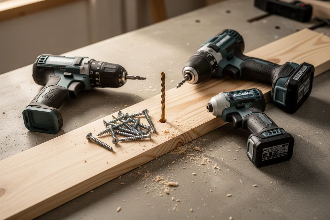 Trapano cordless e avvitatore a impulsi appoggiati su un banco da lavoro accanto a elementi di fissaggio e legname