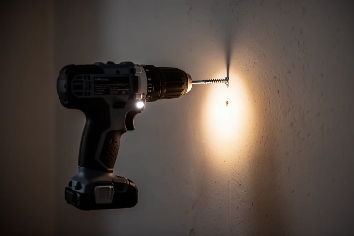 Lucena di lavoro LED su un trapano cordless che illumina una parete in una stanza buia