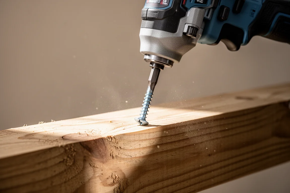 Avvitatore a impulsi compatto che avvita una lunga vite strutturale in una trave di legno