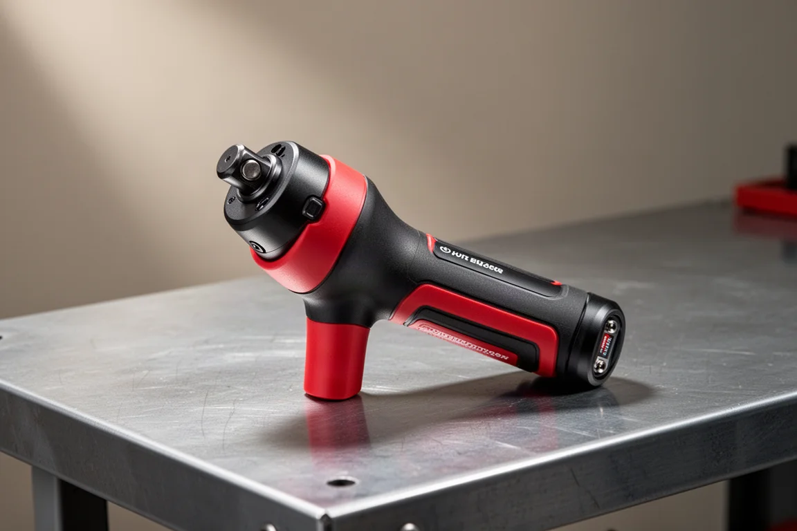 Compact cordless ratchet with rear battery pack on a brushed aluminium workbench