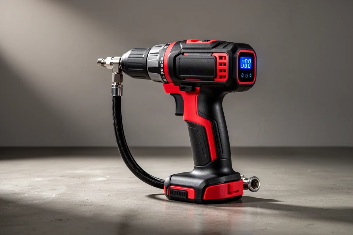 Cordless tire inflator with hose on a concrete garage surface