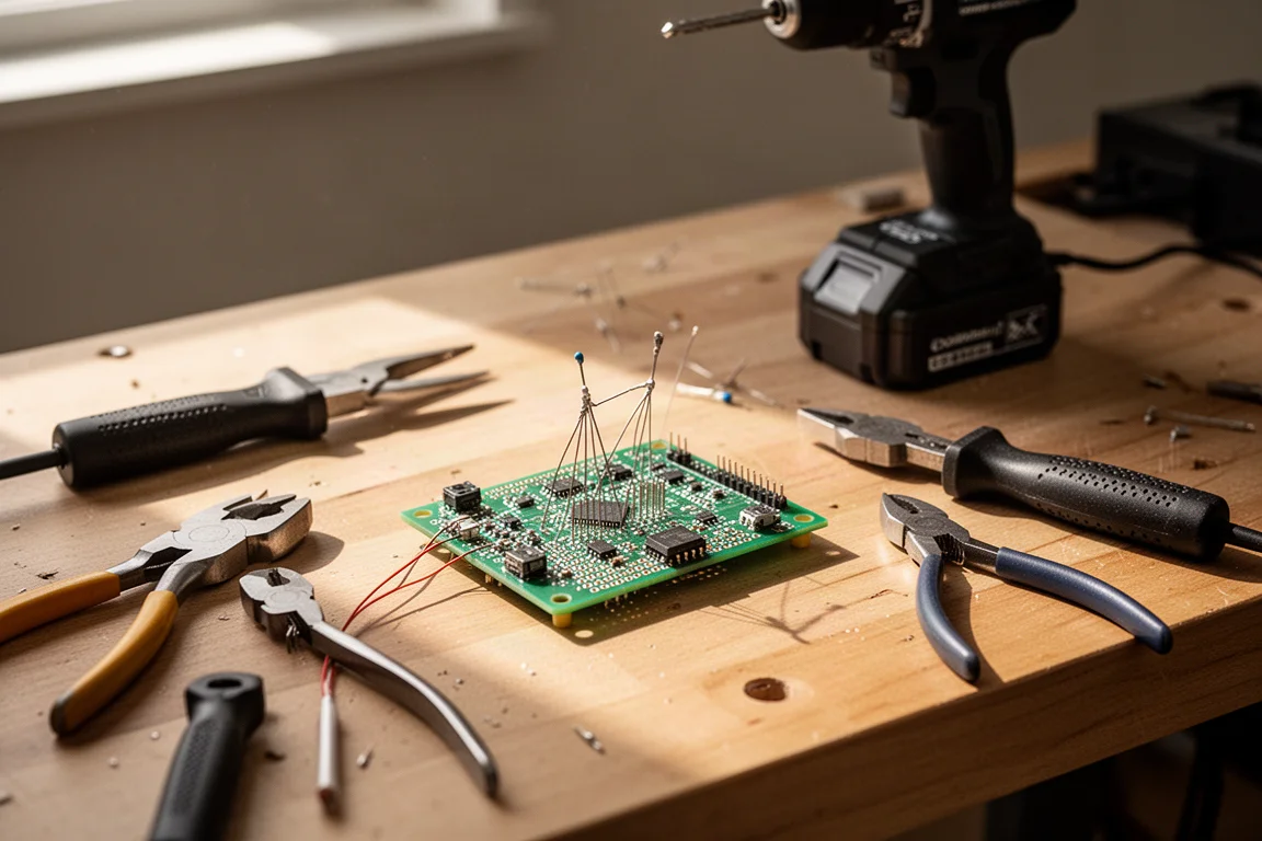 Hobbyist workbench with tools, circuit board, and battery pack in warm workshop light
