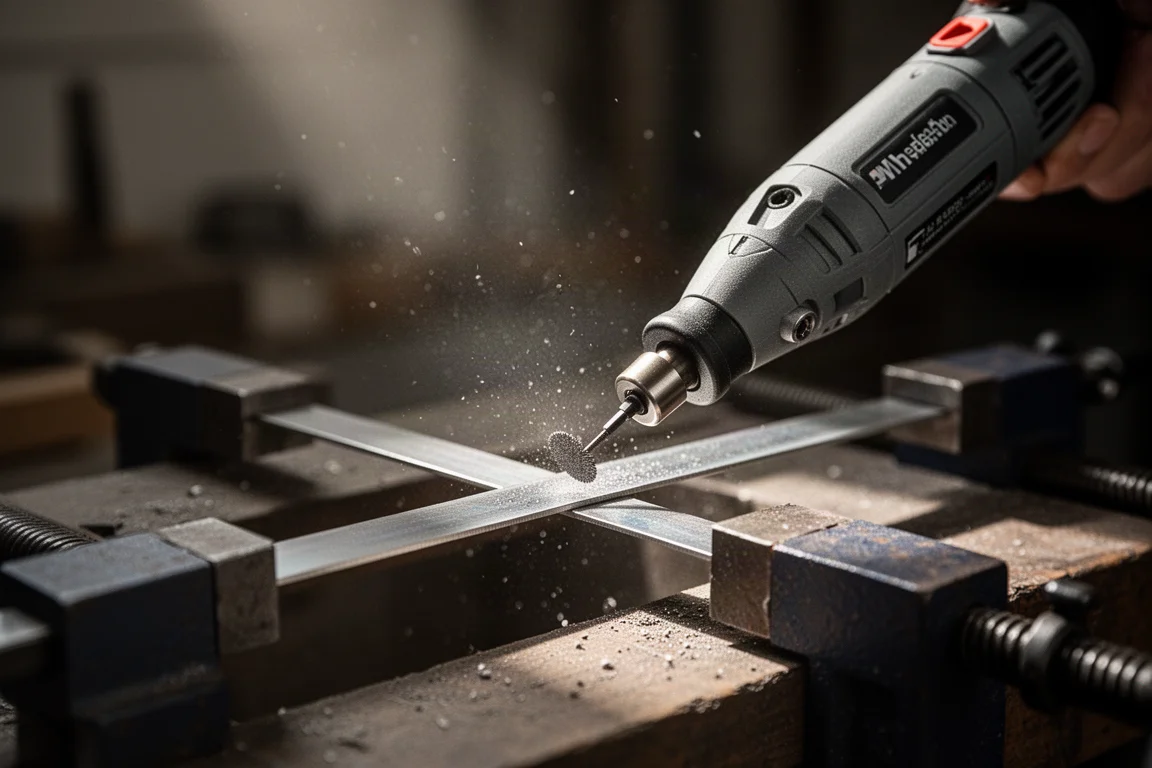 Rotary tool working on a small metal project with fine dust particles