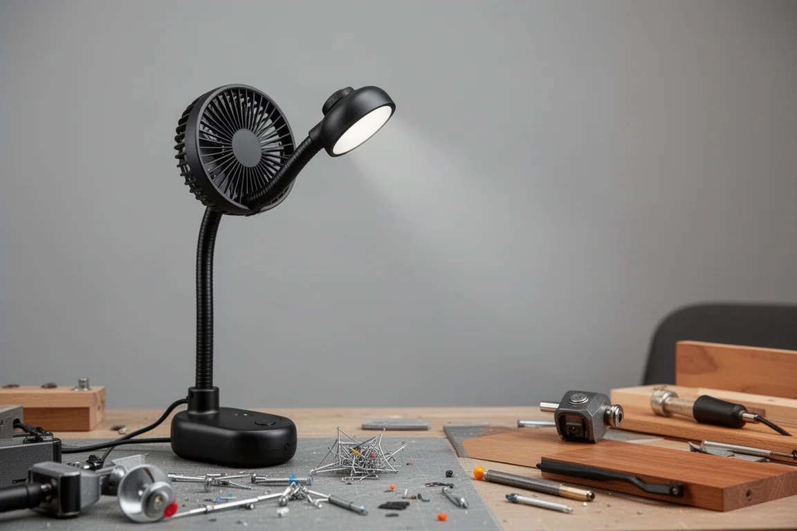 Small cordless fan on a workbench directing airflow across a cluttered desk