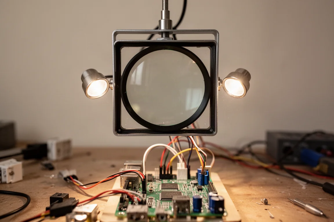 Magnifying lens over electronics project with small lights illuminating the work area