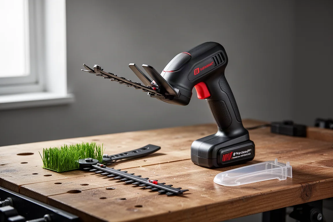 Compact one-handed cordless hedge trimmer with grass shear attachment on a workbench