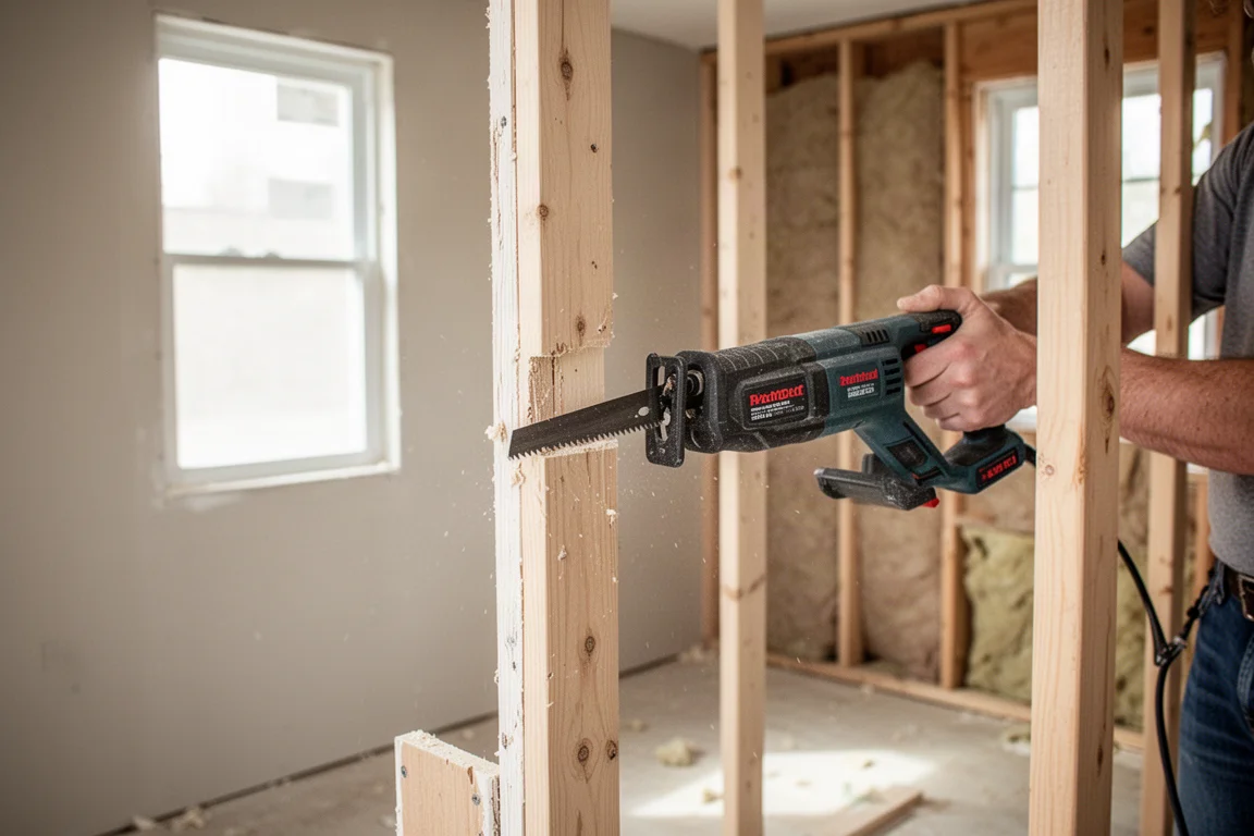 Hauswerker hält eine kompakte reciproke Säge und schneidet einen Wandständer zu Hause