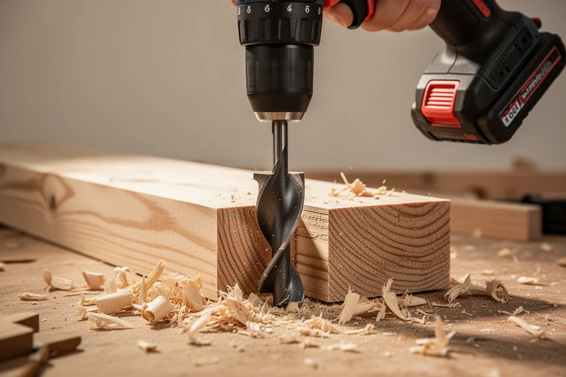 Bohrmaschine bohrt mit einem großen Flachfräsbohrer in dickes Holz, Späne fliegen