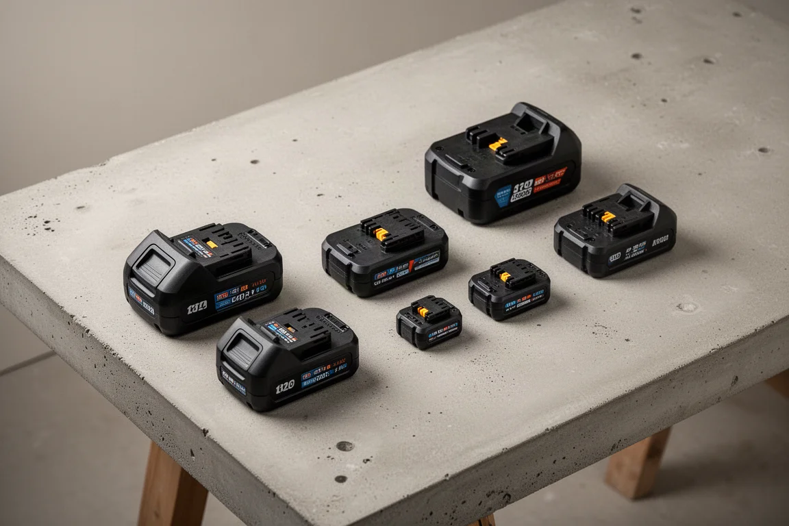 Vergleich der Akkukapazität auf einer Werkbank mit mehreren Akku-Werkzeugbatterien
