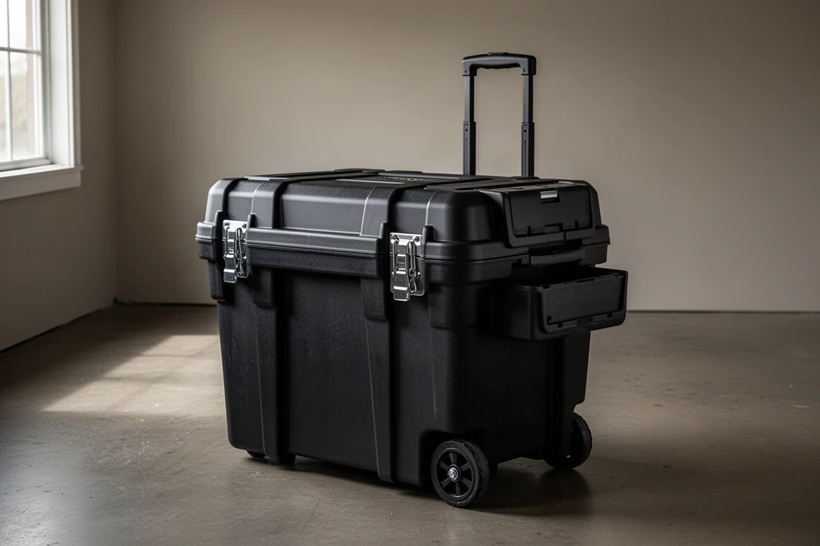 Large black rolling Craftsman tool tote with handle extended on concrete floor