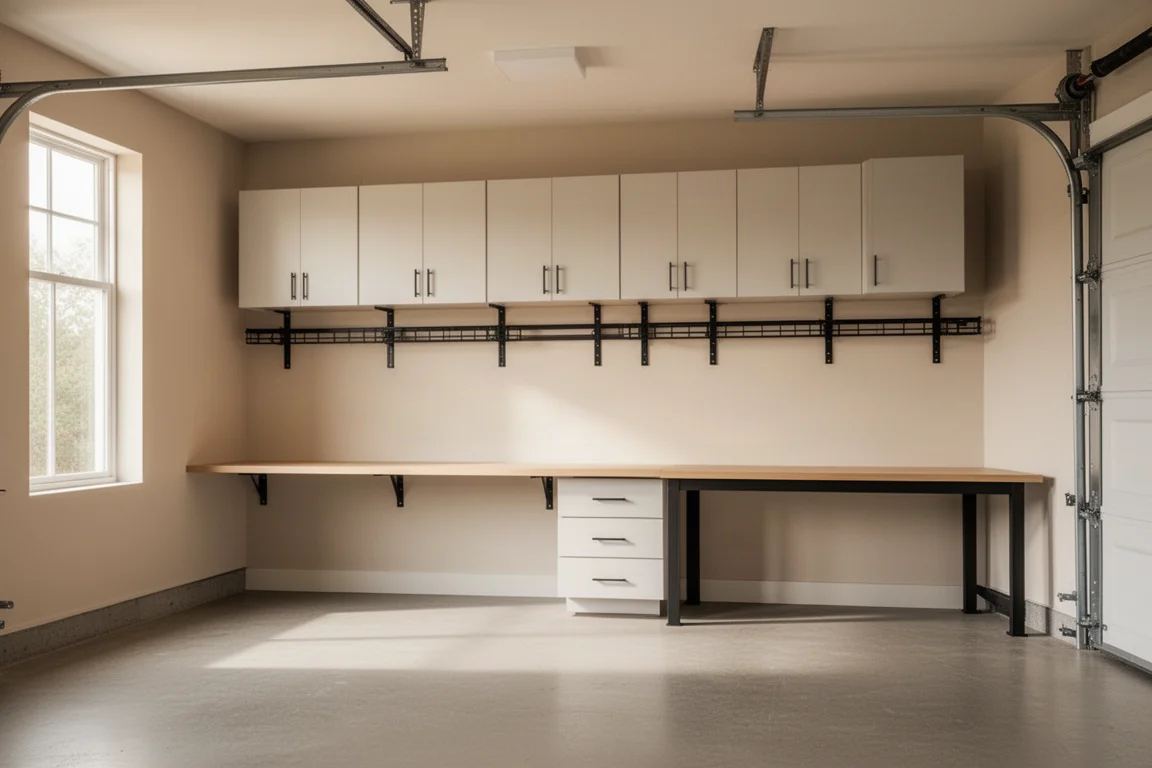 Metalen railsysteem aan de garagemuur gemonteerd met kasten die eraan hangen