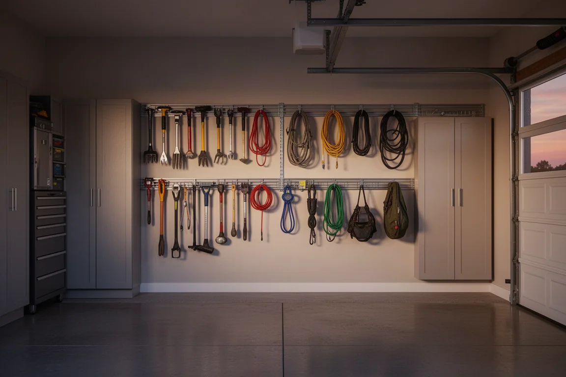 Netjes georganiseerde garagemuur met gereedschap en uitrusting van de vloer