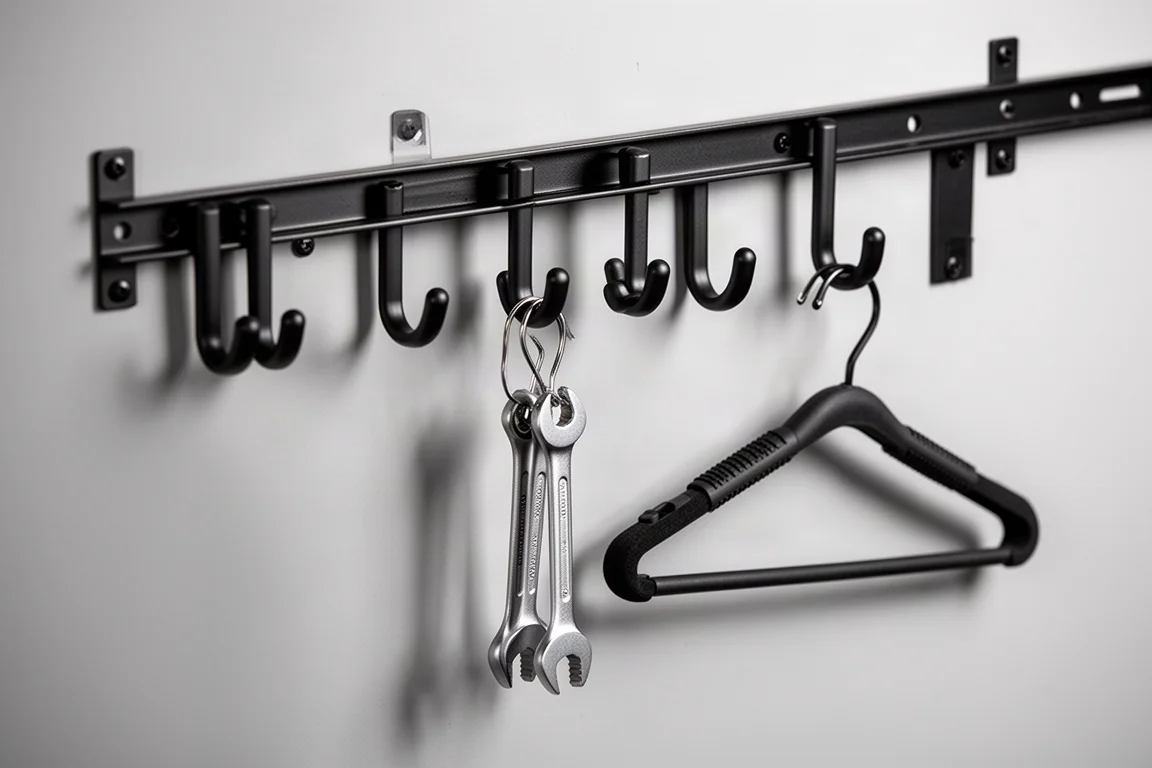 Black metal garage wall rail with tool hooks and wrenches hanging