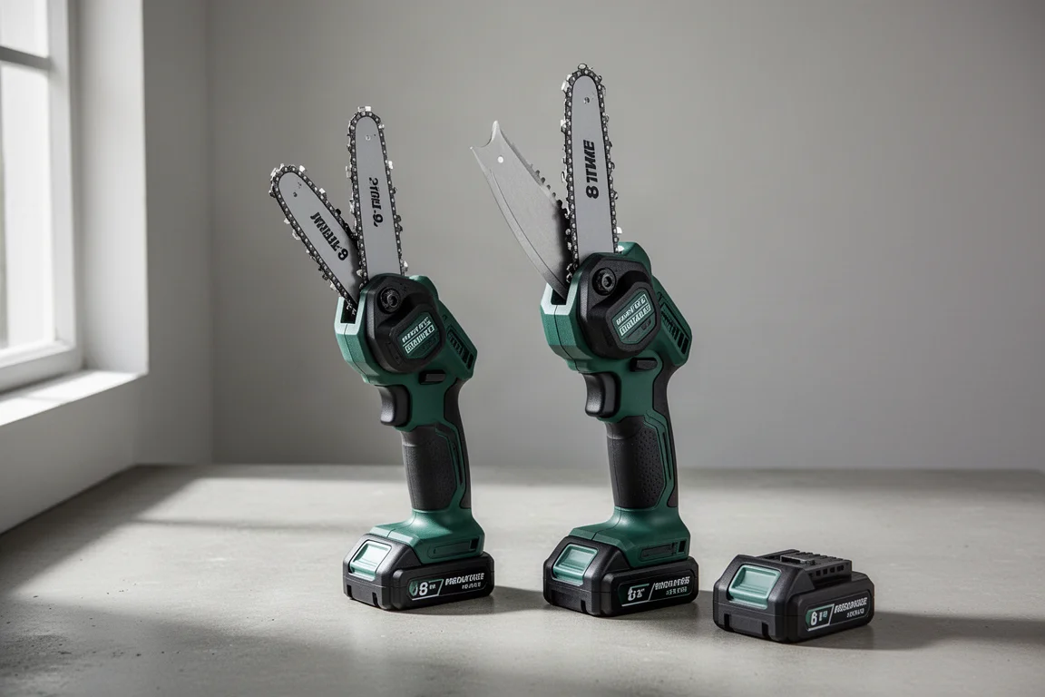 Two compact cordless pruning chainsaws on a concrete surface with a battery pack