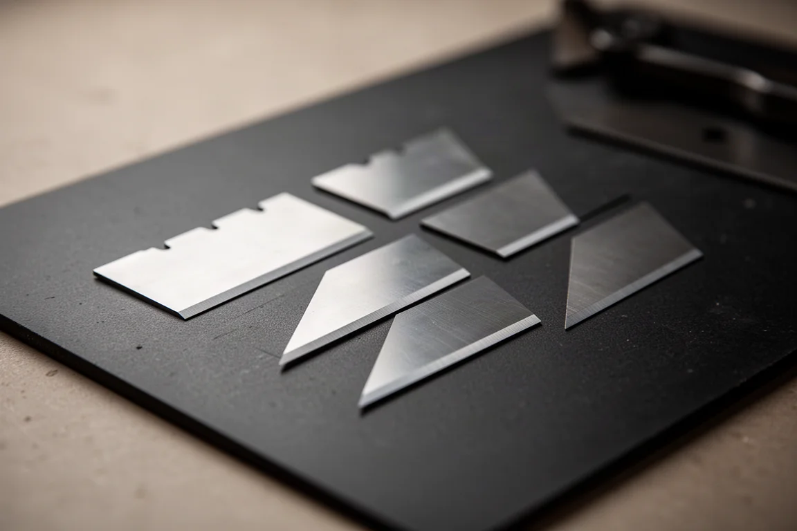 Close-up de lâminas trapezoidais de utilidade dispostas sobre uma superfície escura de oficina