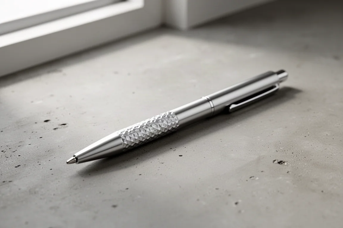 Slim silver ballpoint pen with a textured grip section resting on a concrete desk