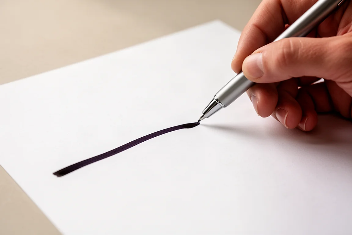 Hand writing smoothly on white paper with dark gel ink from a slim pen