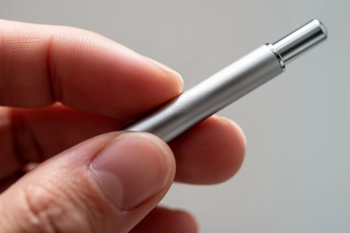 Fingertips pressing gently on a slim pen barrel to show its thin, flexible material