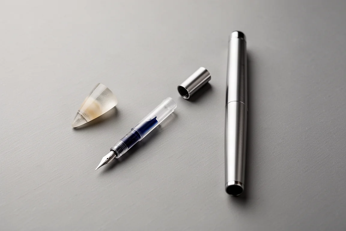 Disassembled pen tip and nose cone laid out on a clean work surface